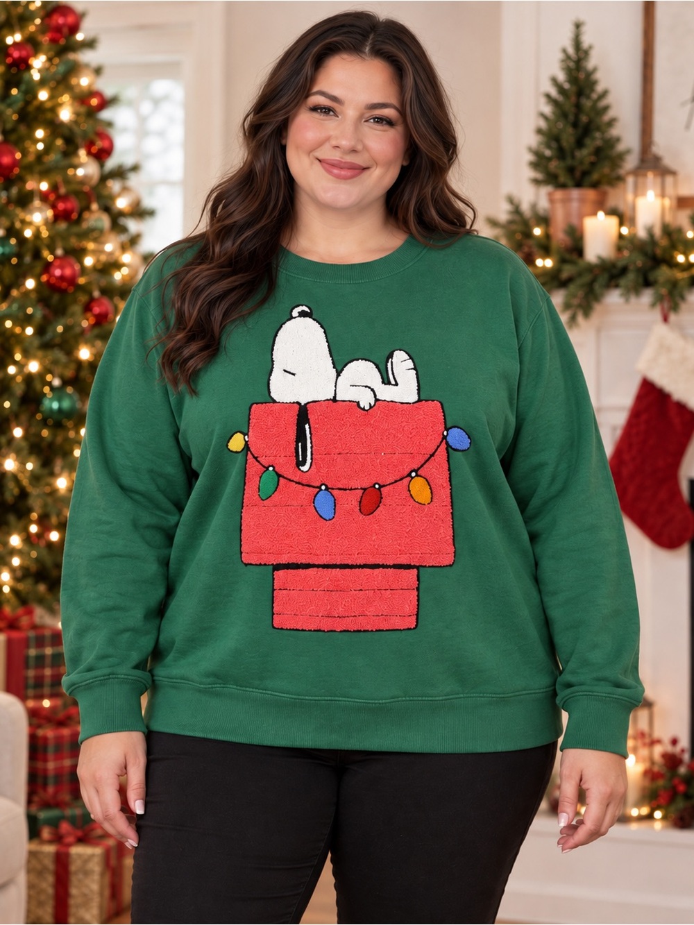 NWT Peanuts Green Crewneck Sweatshirt with Snoopy on Red Doghouse Size 2X